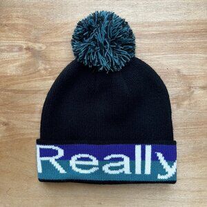 REALLY EMBROIDERED RIB KNIT BLACK STRIPED POM BEANIE Unisex One Size Fits All